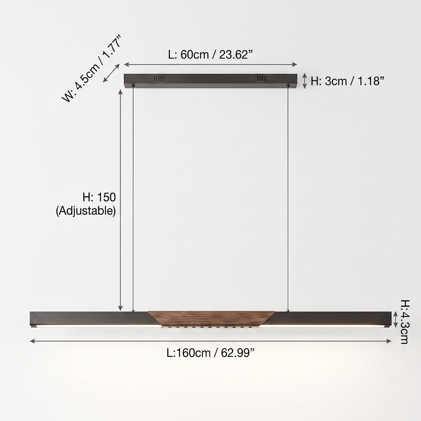 LED hengelampe Sognefjord, sort/valnøtt, metall, dimbar, lengde 160 cm
