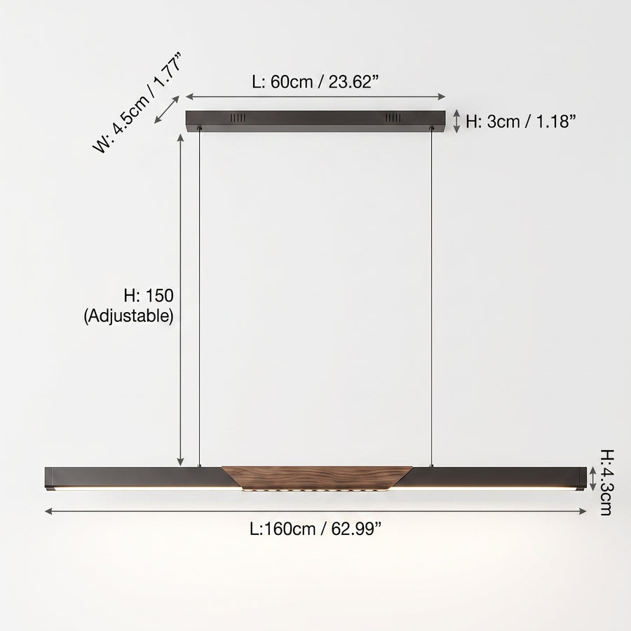 Dimensjoner LED hengelampe Sognefjord, sort/valnøtt, metall, dimbar, lengde 160 cm