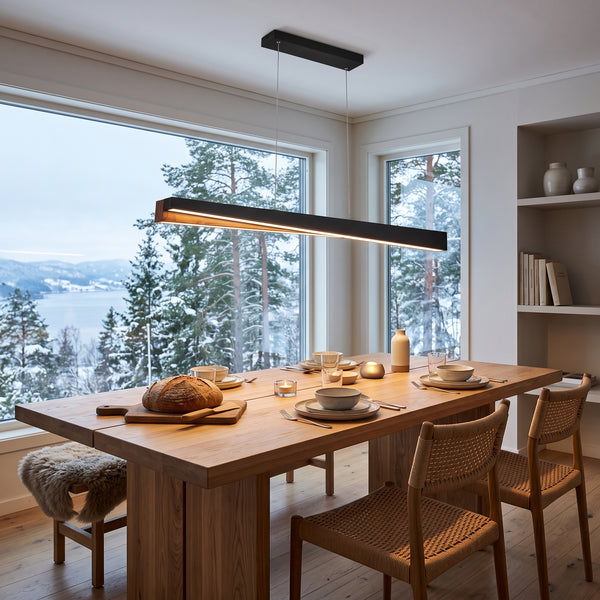 LED hengelampe Aurland, sort/tre, tre/metall, lengde 100 cm