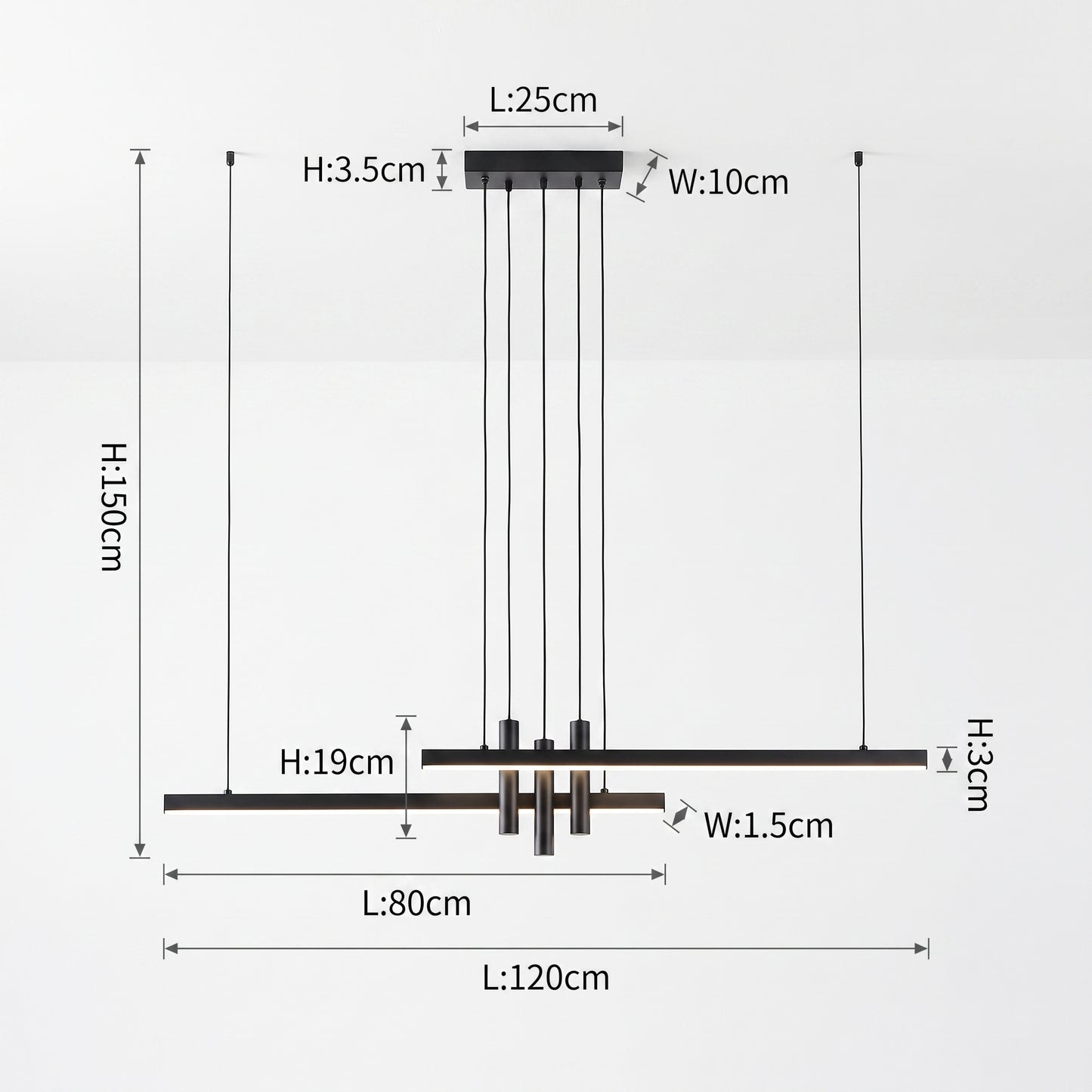 LED hengelampe Bergen, sort, metall, dimbar, lengde 120 cm