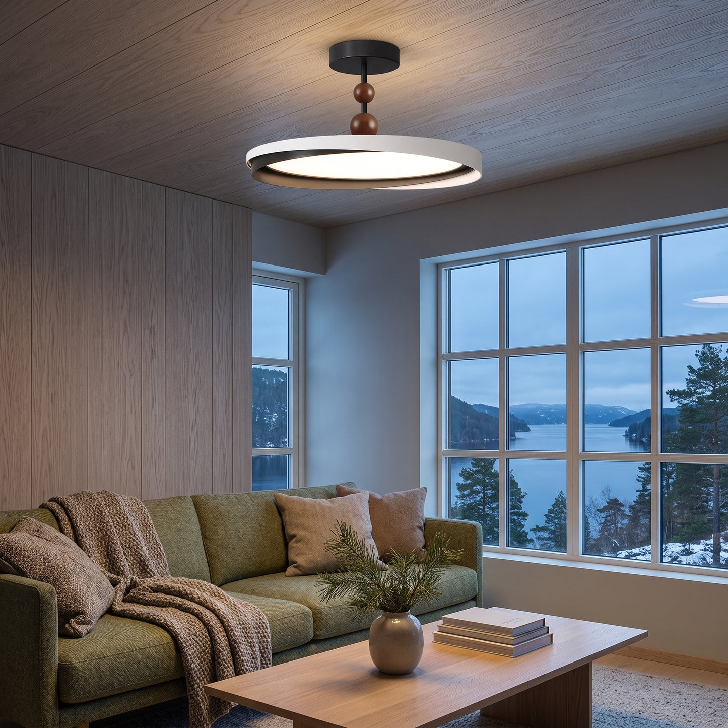 LED hengelampe Solnedgang, valnøttfarge, aluminium, dimbar, Ø 48 cm