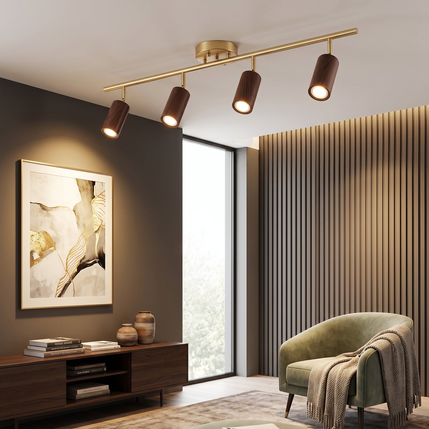 Taklampe Stavanger, valnøtt, tre, 4 spotlights, E27, lengde 100 cm