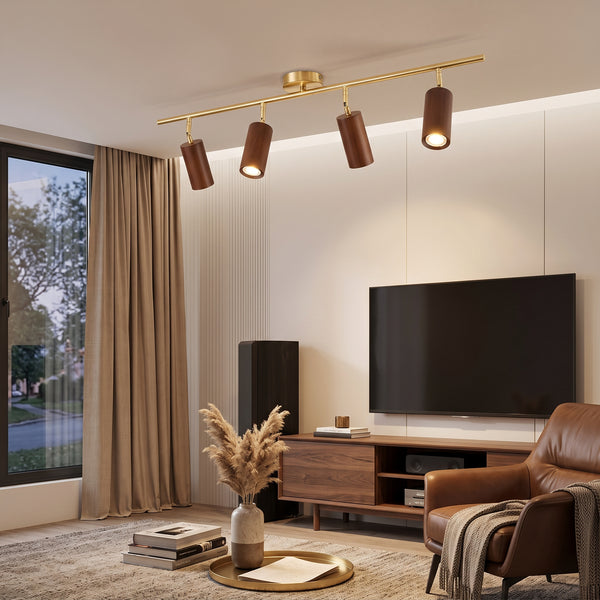Taklampe Stavanger, valnøtt, tre, 4 spotlights, E27, lengde 100 cm