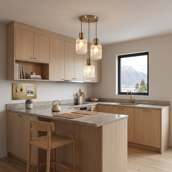 Hengelampe Kongsberg, gull, aluminium og krystall, 3 lyskilder, E27, justerbar høyde