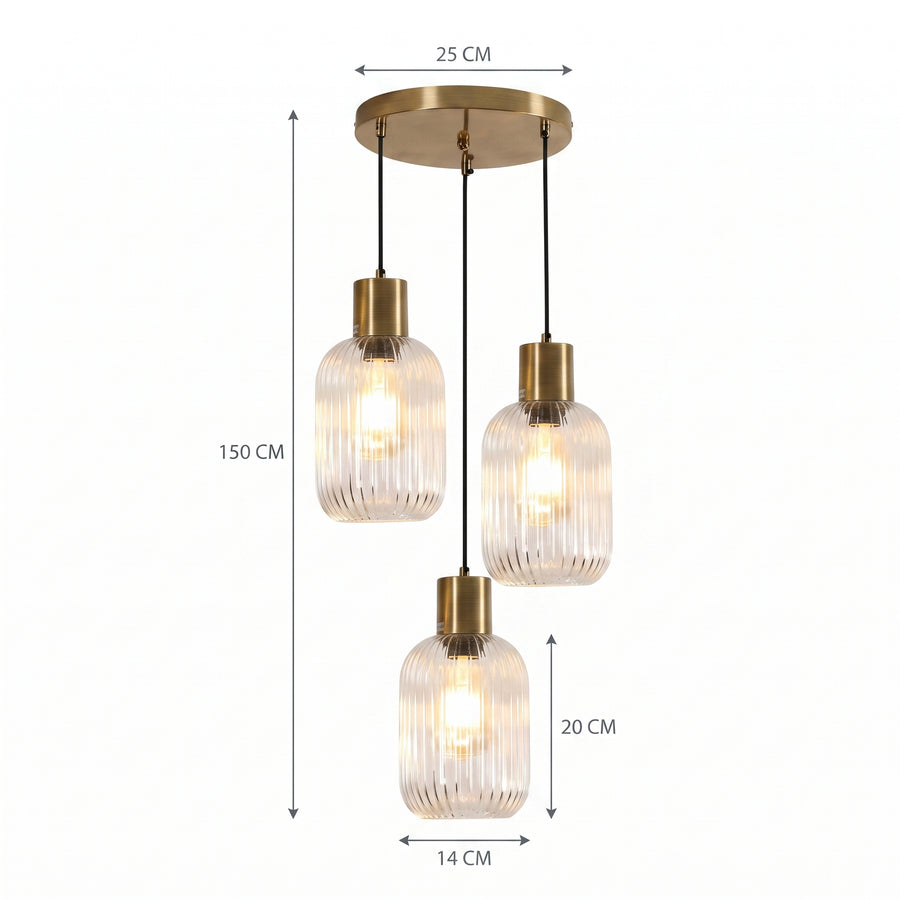 Dimensjoner Hengelampe Kongsberg, gull, aluminium og krystall, 3 lyskilder, E27, justerbar høyde