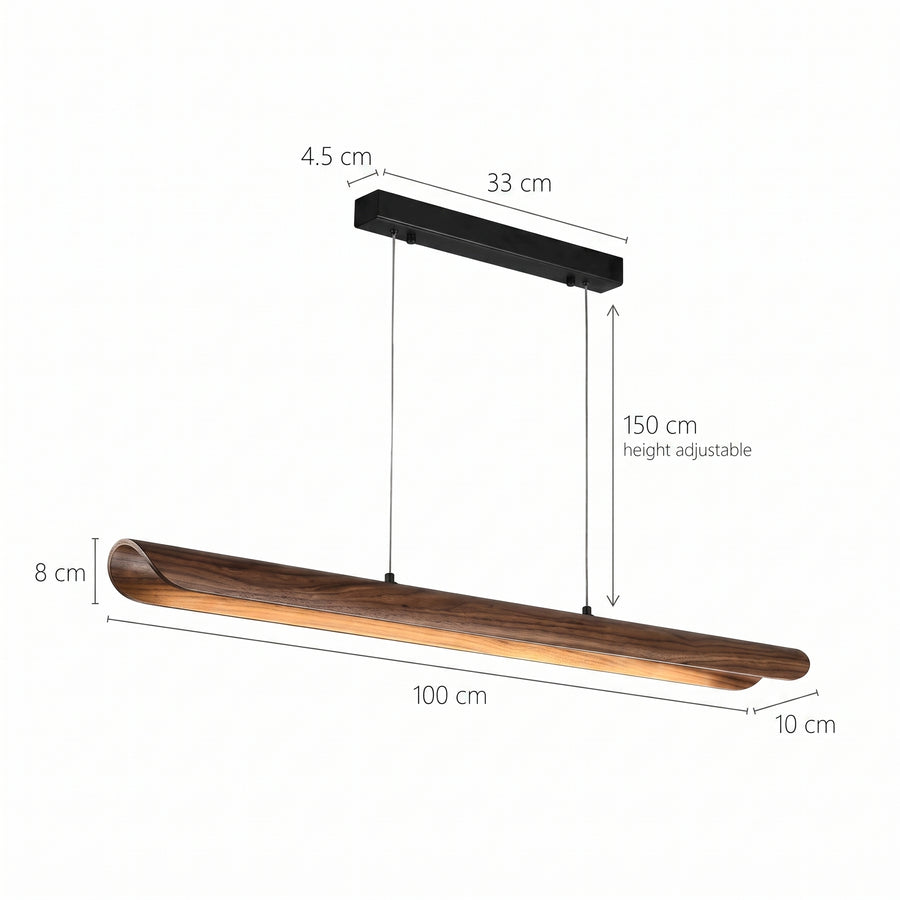 Dimensjoner LED hengelampe Fjorden, naturlig, massivt tre, lengde 100 cm