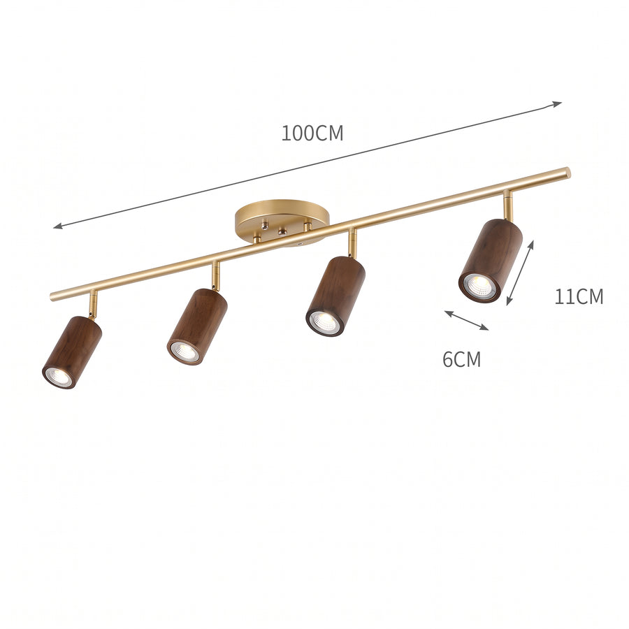 Dimensjoner Taklampe Stavanger, valnøtt, tre, 4 spotlights, E27, lengde 100 cm