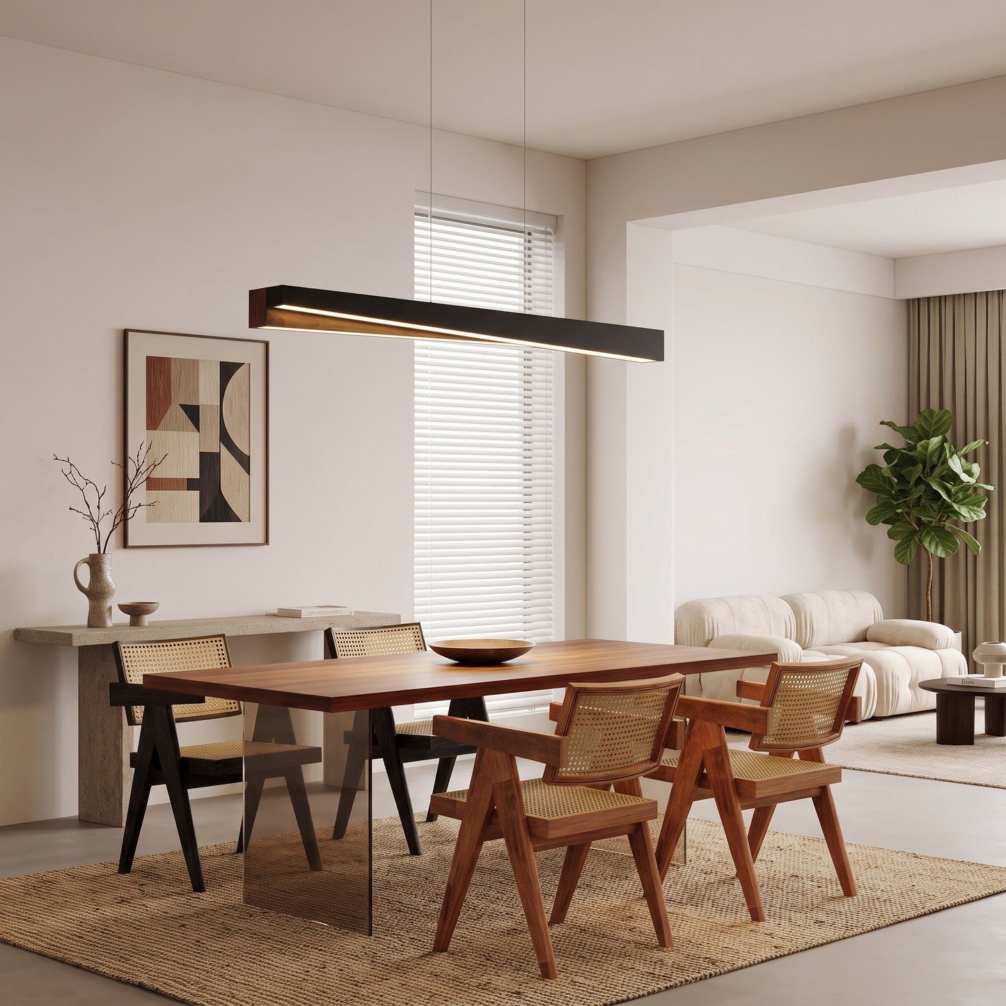 LED hengelampe Aurland, sort/tre, tre/metall, lengde 100 cm