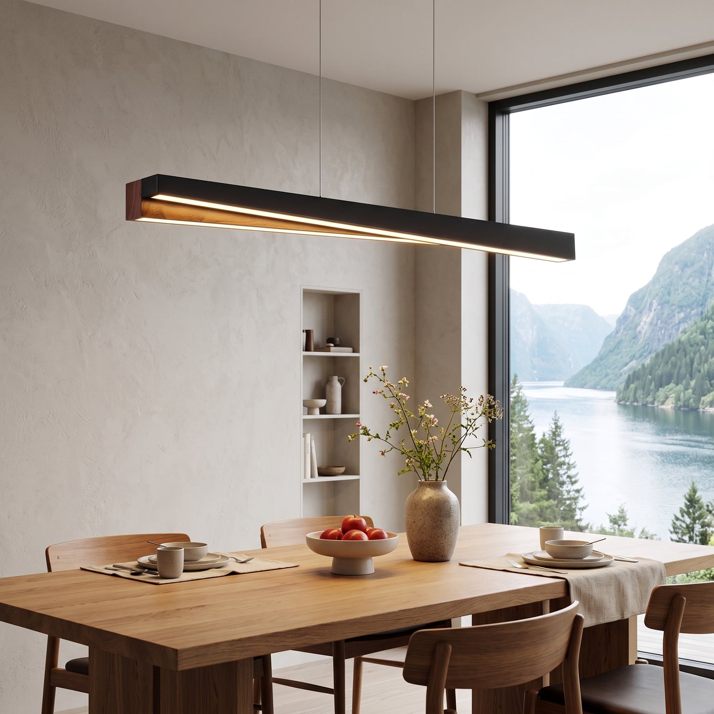 LED hengelampe Aurland, sort/tre, tre/metall, lengde 100 cm