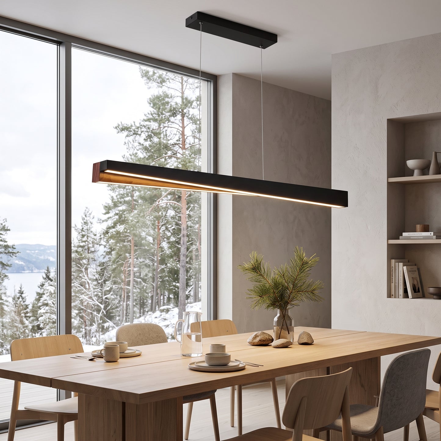 LED hengelampe Aurland, sort/tre, tre/metall, lengde 100 cm