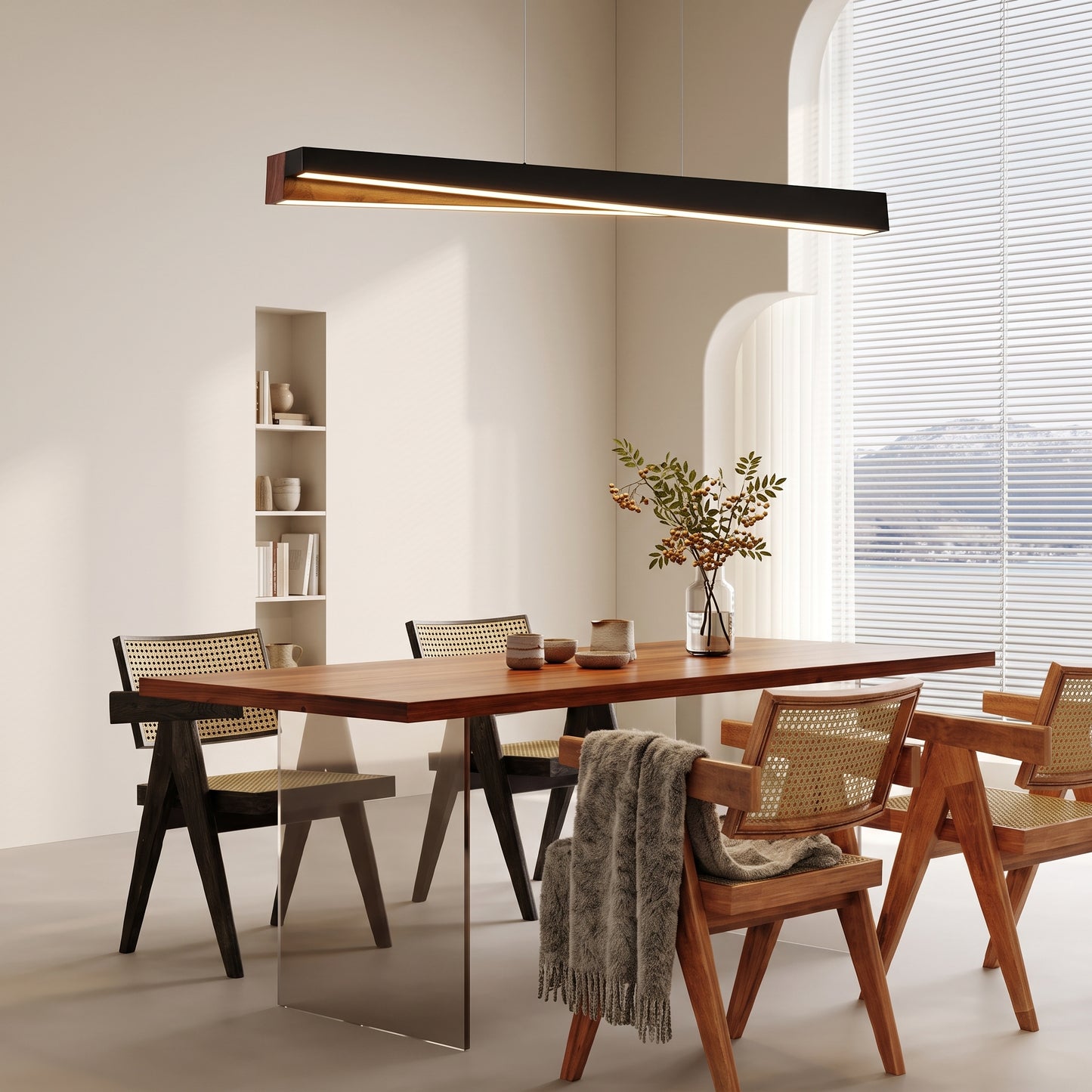 LED hengelampe Aurland, sort/tre, tre/metall, lengde 100 cm
