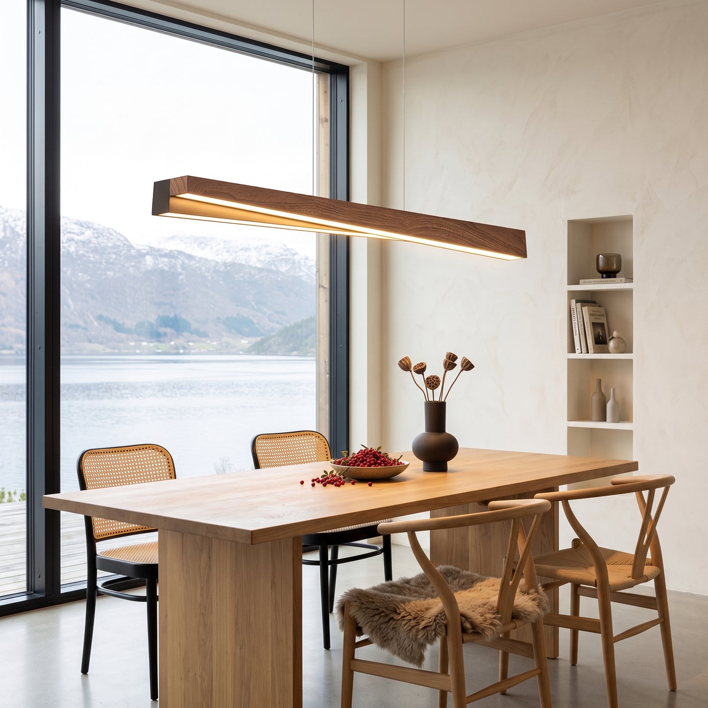 LED hengelampe Aurland, sort/tre, tre/metall, lengde 100 cm