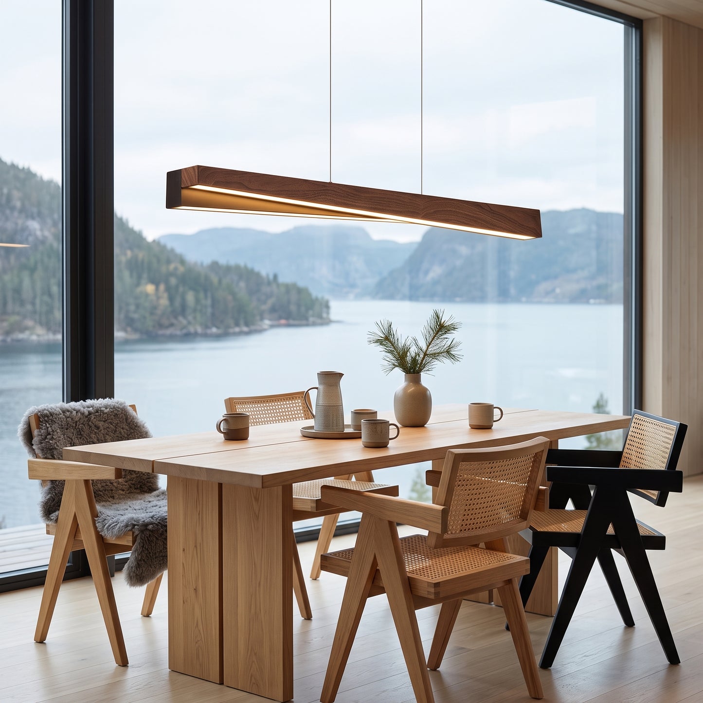 LED hengelampe Aurland, sort/tre, tre/metall, lengde 100 cm
