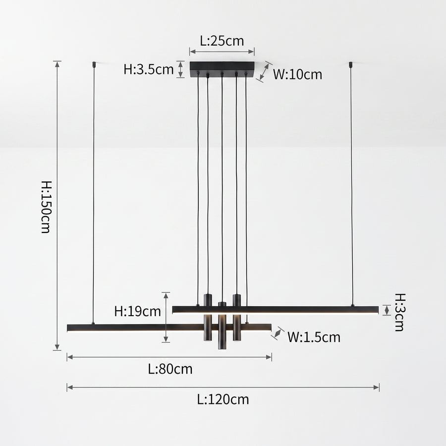Dimensjoner LED hengelampe Bergen, sort, metall, dimbar, lengde 120 cm