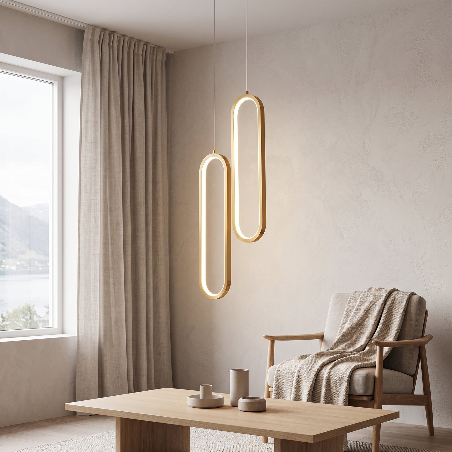 LED hengelampe Lofoten, gull, jern, 2 lyskilder, Justerbar høyde
