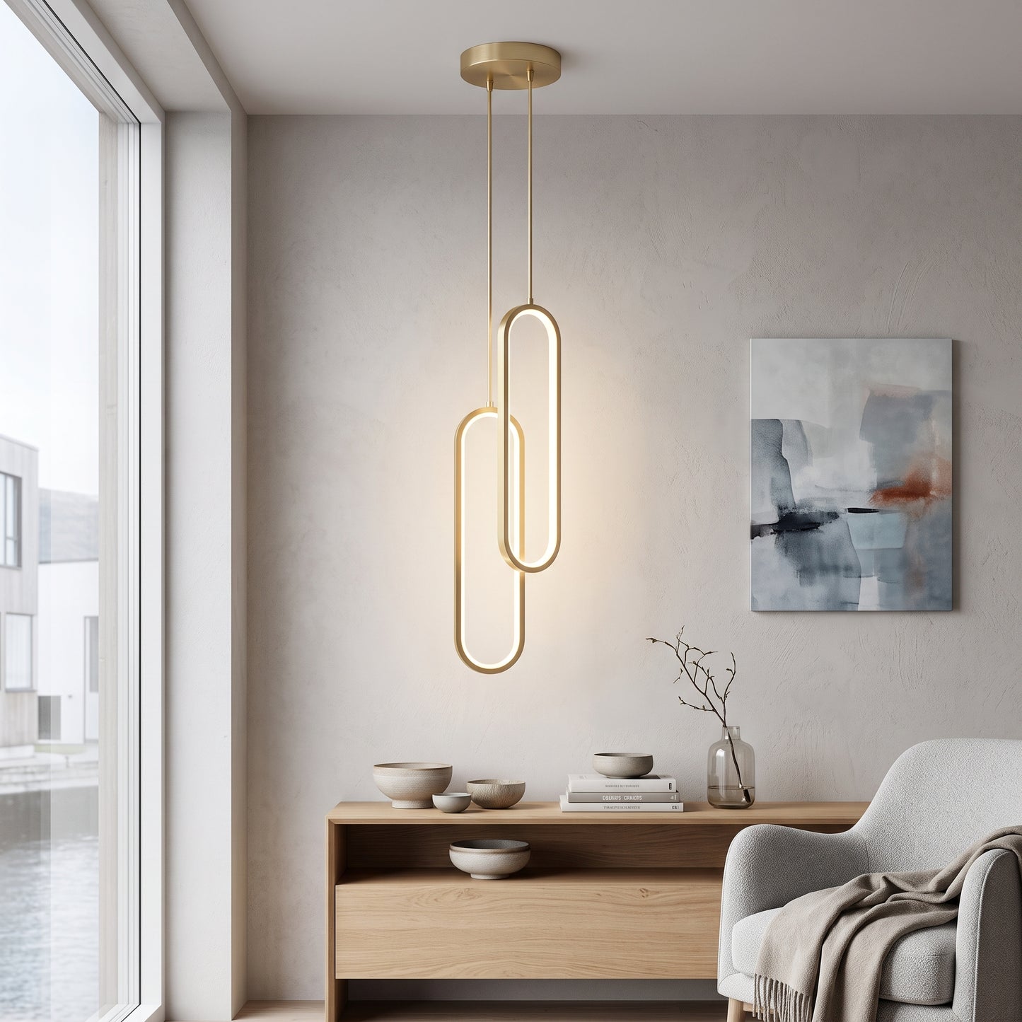 LED hengelampe Lofoten, gull, jern, 2 lyskilder, Justerbar høyde