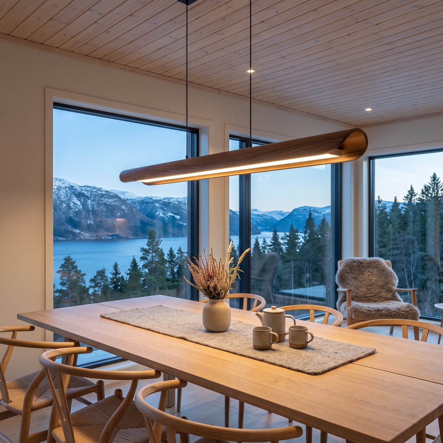 LED hengelampe Fjorden, naturlig, massivt tre, lengde 100 cm