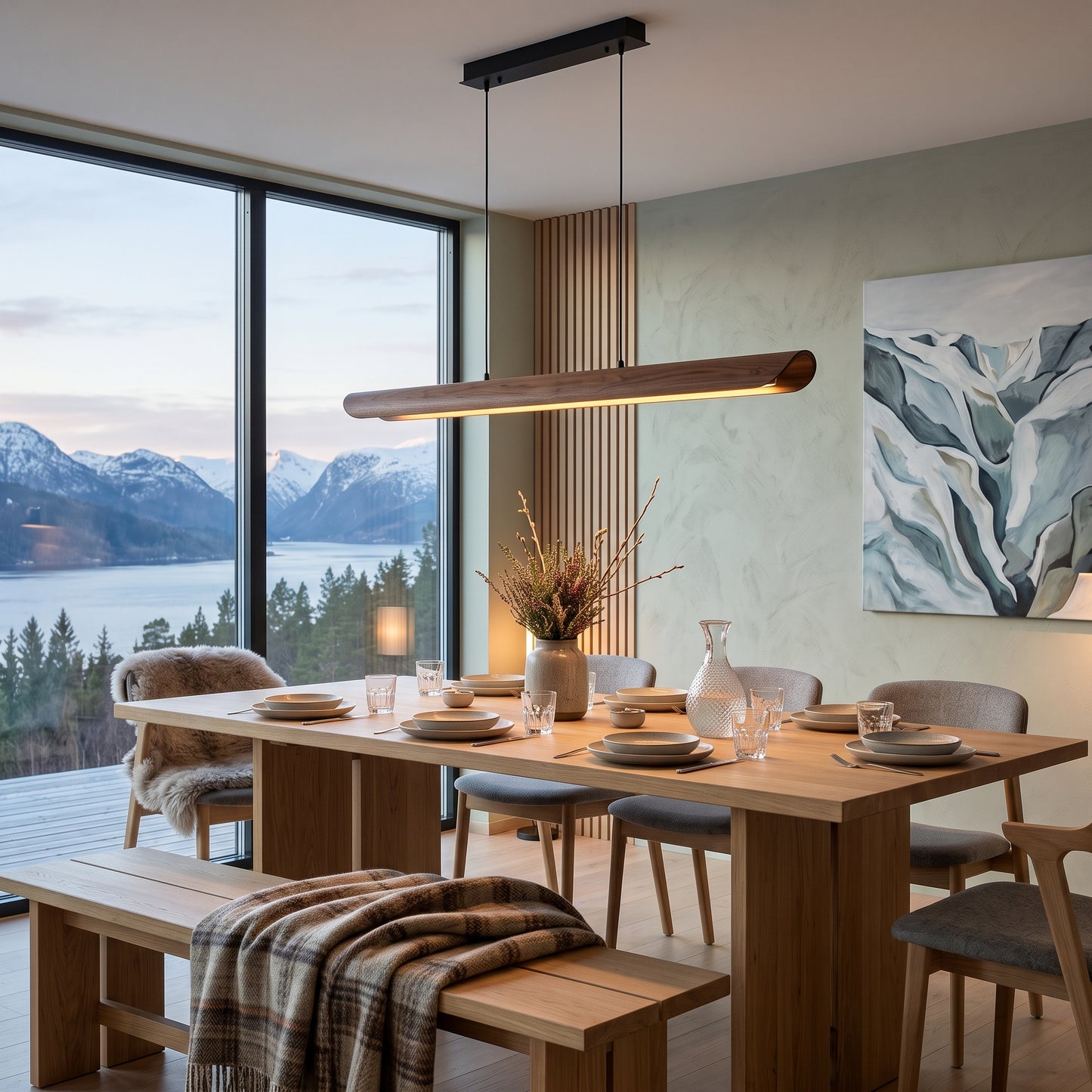 LED hengelampe Fjorden, naturlig, massivt tre, lengde 100 cm
