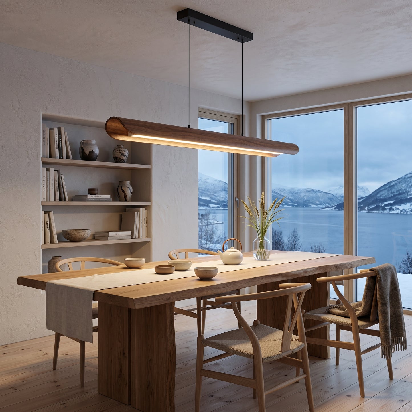 LED hengelampe Fjorden, naturlig, massivt tre, lengde 100 cm