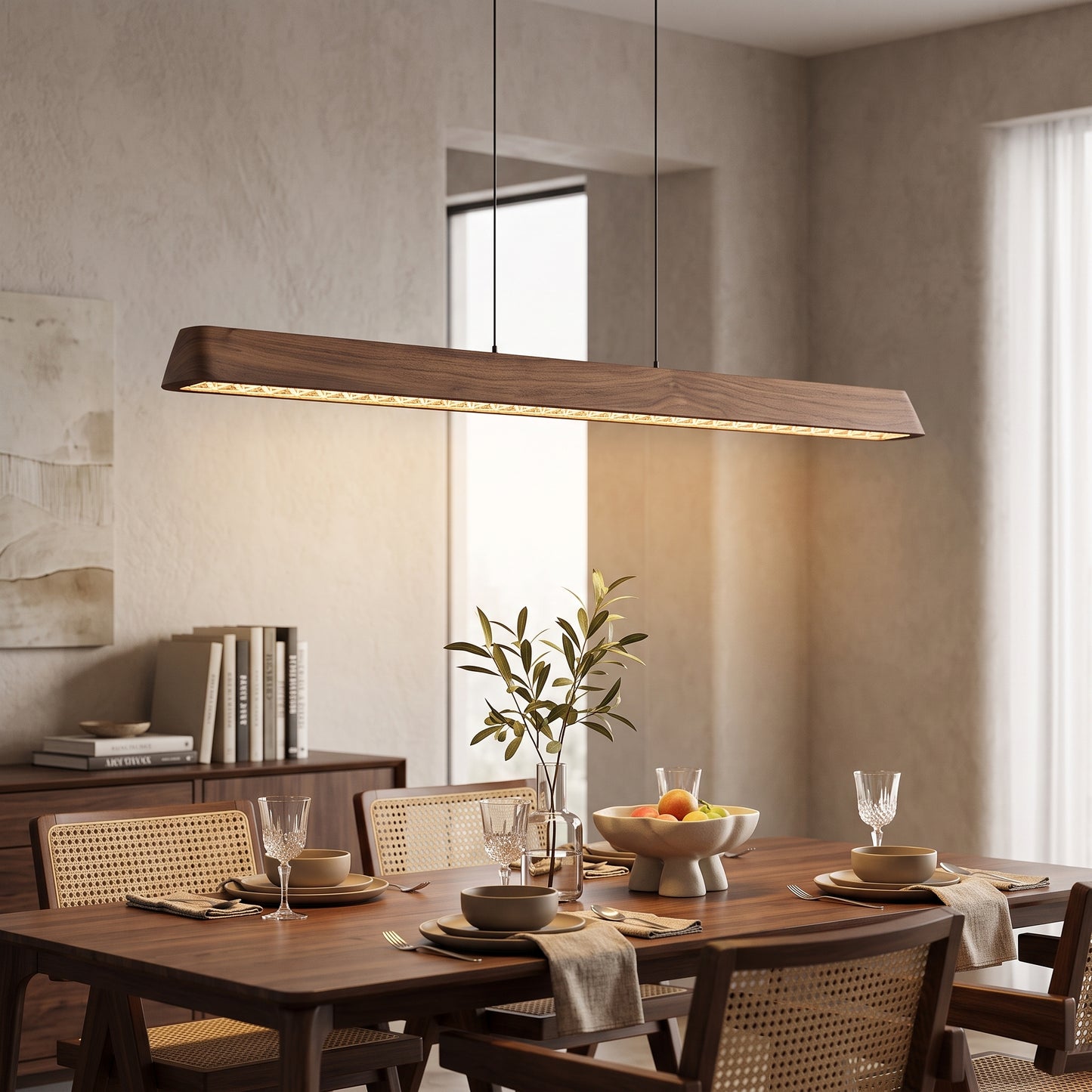 LED hengelampe Geiranger, naturlig, massivt tre, lengde 115 cm