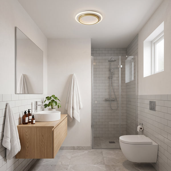 LED plafond Sandnes, gull, smijern og akryl, dimbar, Ø 25 cm