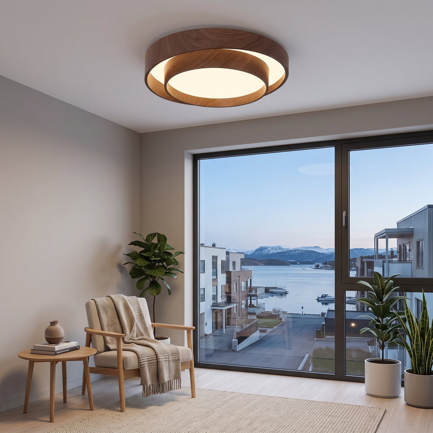 LED plafond Hardanger, valnøtt, aluminium, Ø 40/50 cm