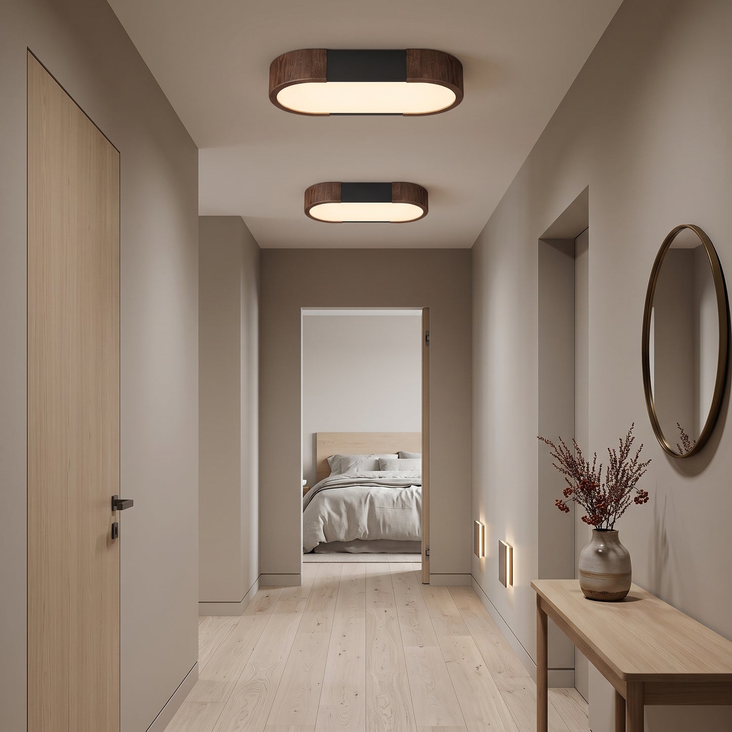 LED plafond Skog, valnøtt/hvit, jern, 30x14 cm