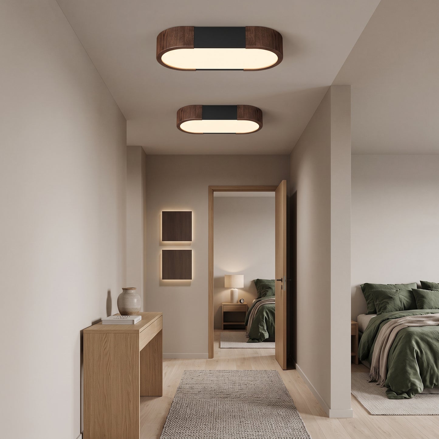 LED plafond Skog, valnøtt/hvit, jern, 30x14 cm