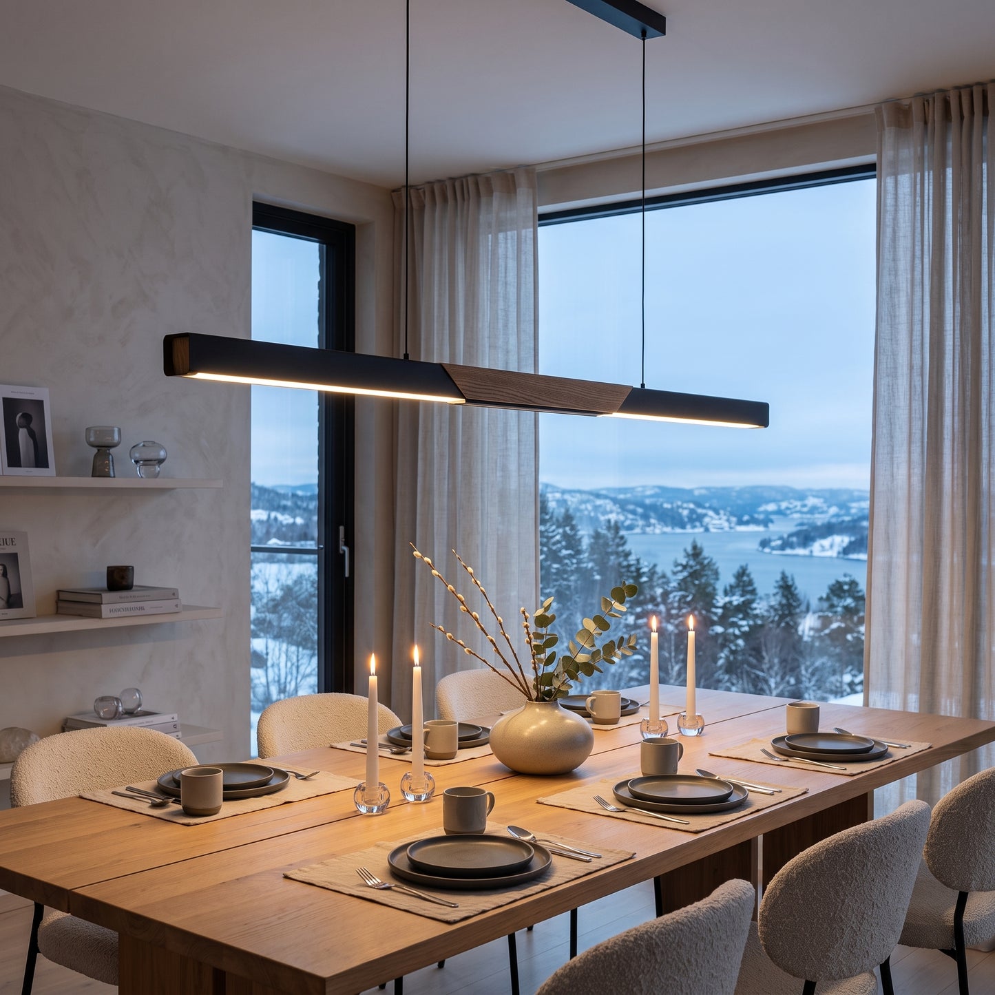LED hengelampe Sognefjord, sort/valnøtt, metall, dimbar, lengde 160 cm