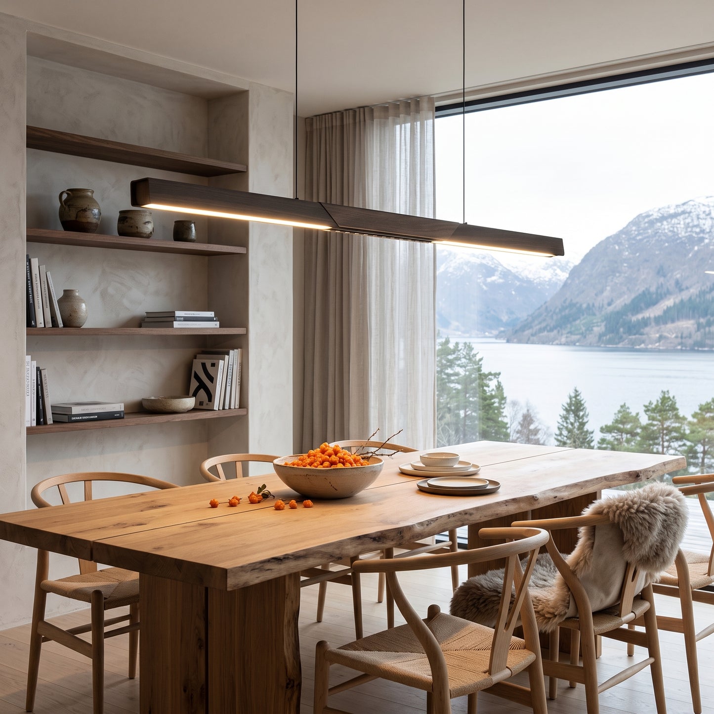 LED hengelampe Sognefjord, sort/valnøtt, metall, dimbar, lengde 160 cm