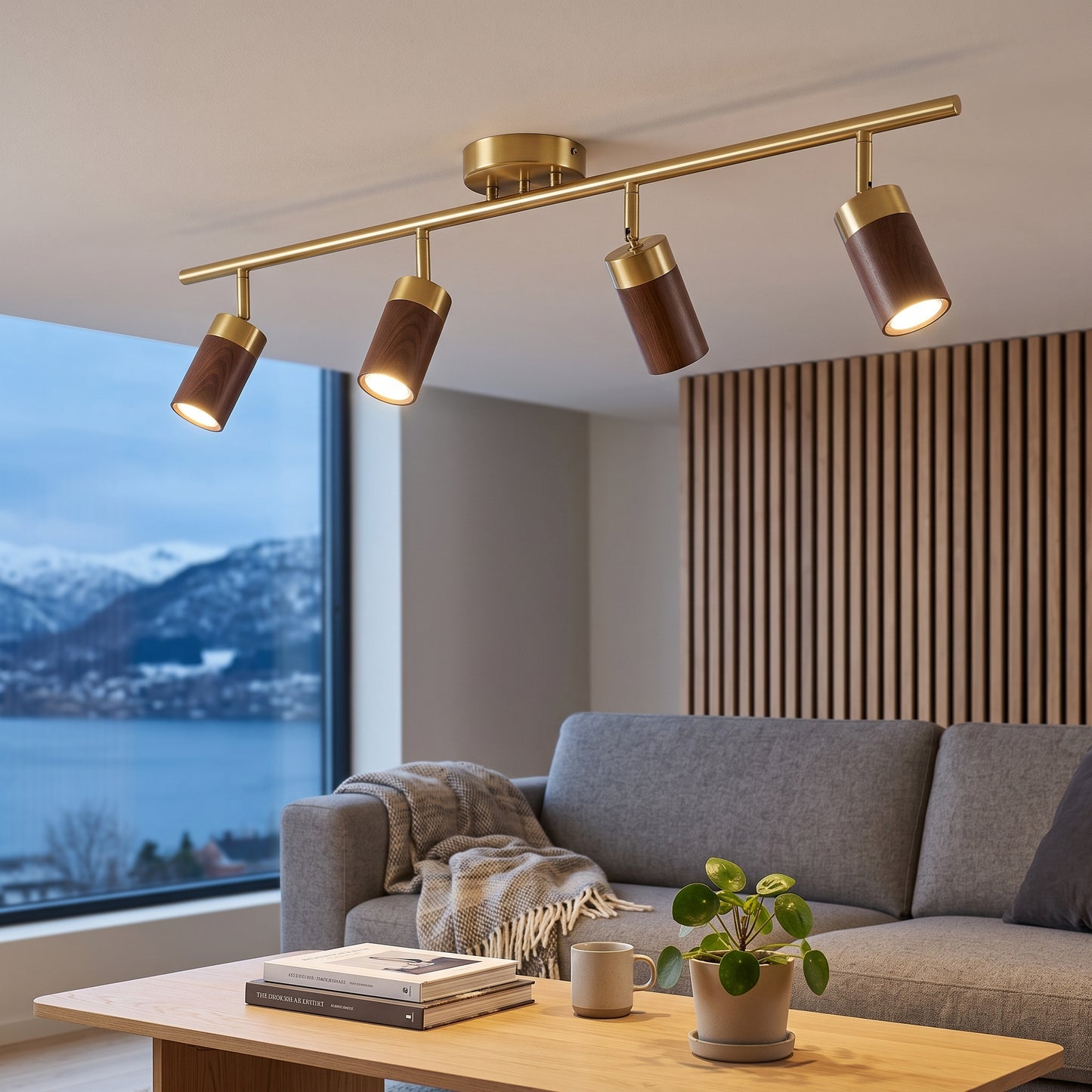 Taklampe Stavanger, valnøtt, tre, 4 spotlights, E27, lengde 100 cm