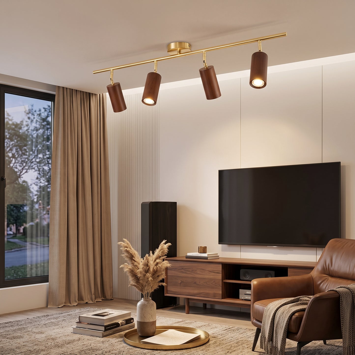 Taklampe Stavanger, valnøtt, tre, 4 spotlights, E27, lengde 100 cm