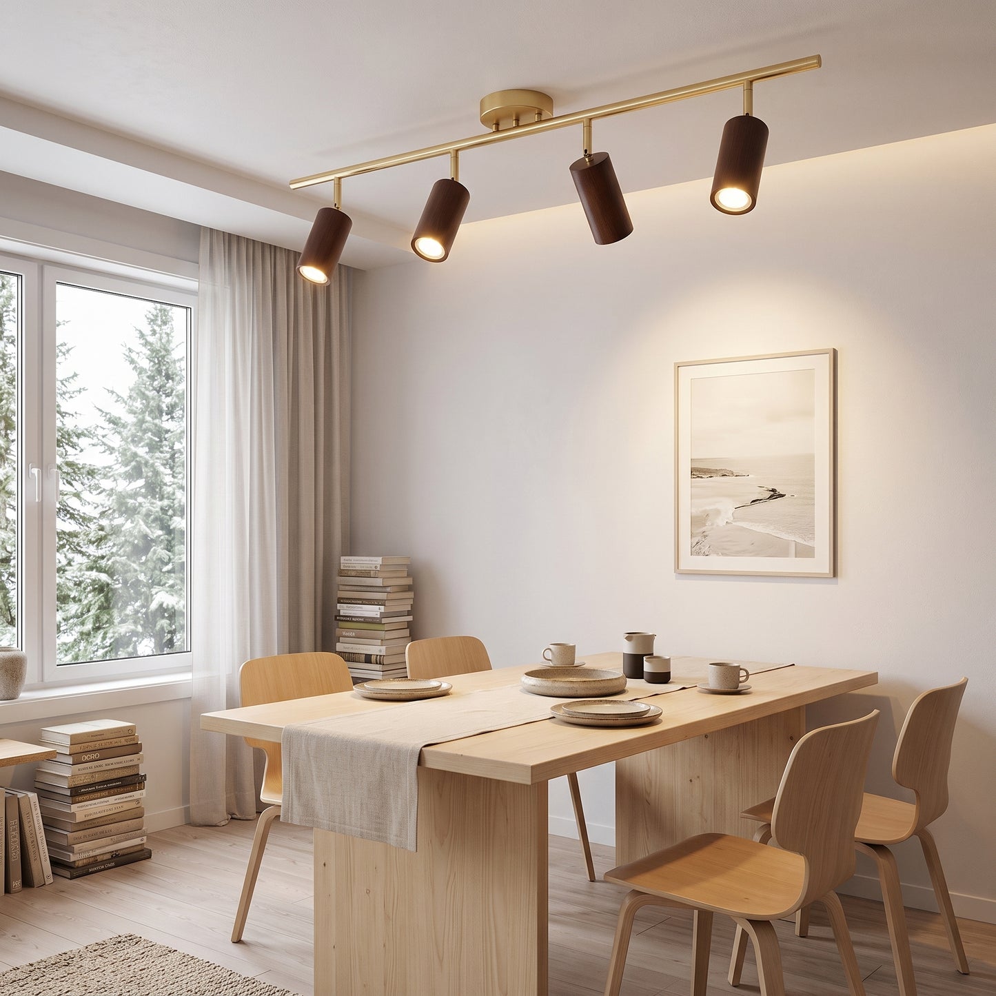Taklampe Stavanger, valnøtt, tre, 4 spotlights, E27, lengde 100 cm