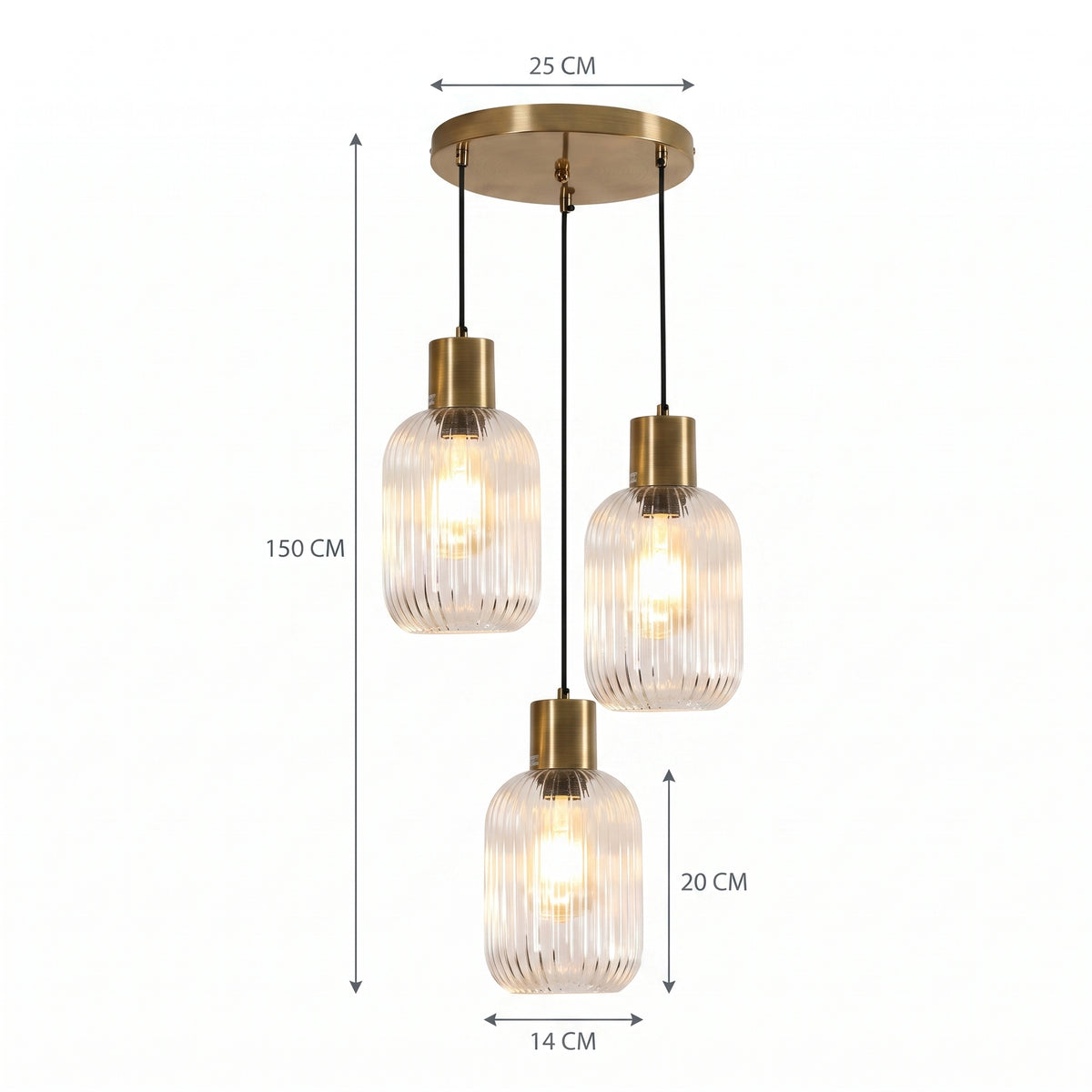 Hengelampe Kongsberg, gull, aluminium og krystall, 3 lyskilder, E27, justerbar høyde