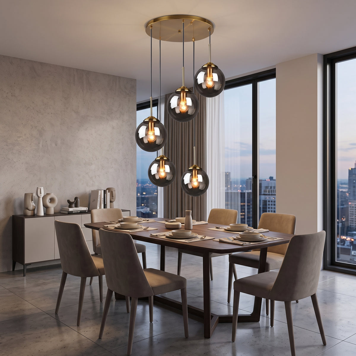LED hengelampe Molde, glass, 5 lyskilder, dimbar, lengde 120 cm