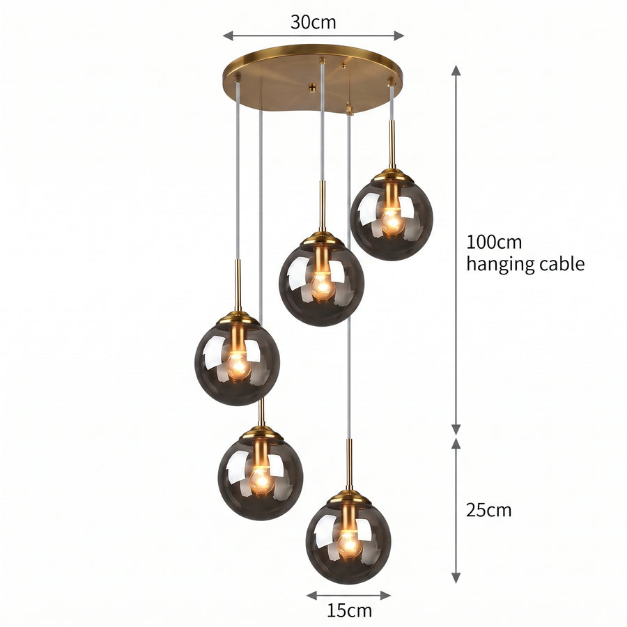 Dimensjoner LED hengelampe Molde, glass, 5 lyskilder, dimbar, lengde 120 cm