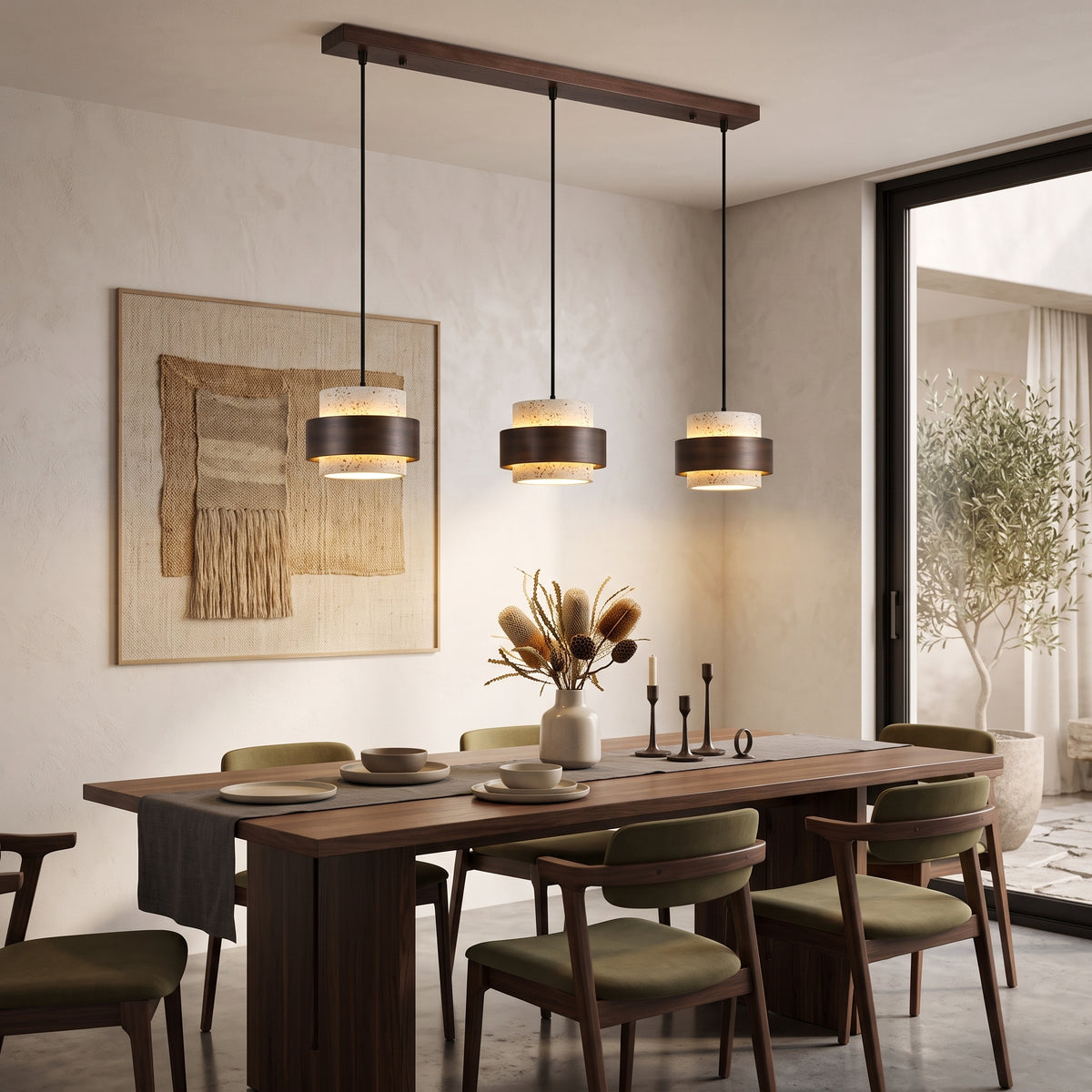 LED hengelampe Røros, naturlig, tre og stein, 3 lyskilder, lengde 80 cm