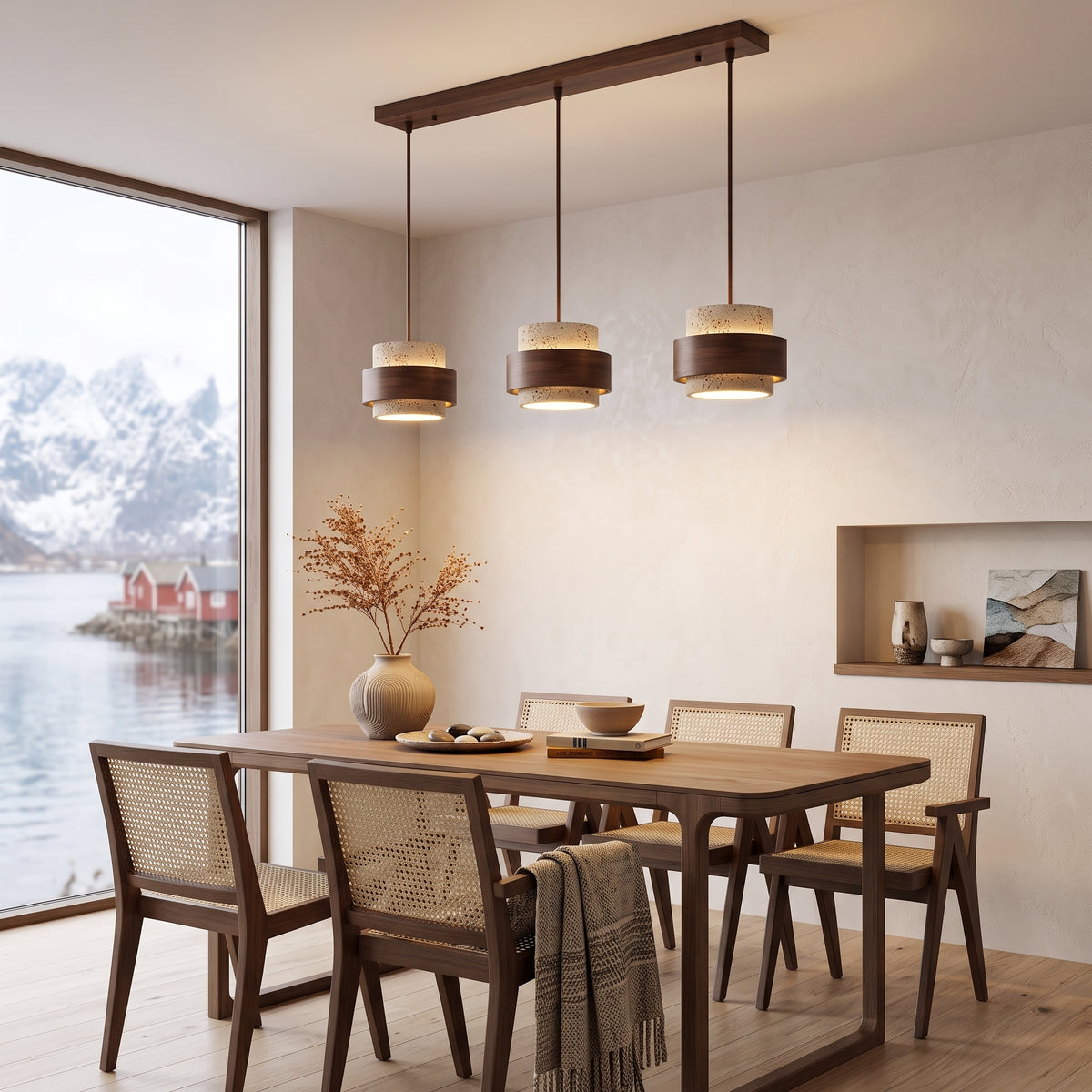 LED hengelampe Røros, naturlig, tre og stein, 3 lyskilder, lengde 80 cm