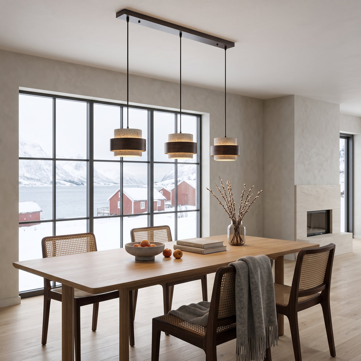 LED hengelampe Røros, naturlig, tre og stein, 3 lyskilder, lengde 80 cm