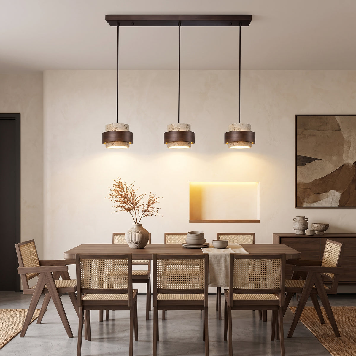 LED hengelampe Røros, naturlig, tre og stein, 3 lyskilder, lengde 80 cm
