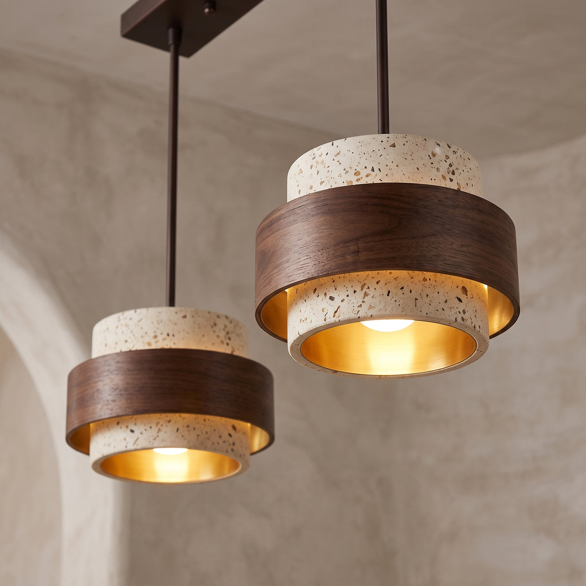 LED hengelampe Røros, naturlig, tre og stein, 3 lyskilder, lengde 80 cm