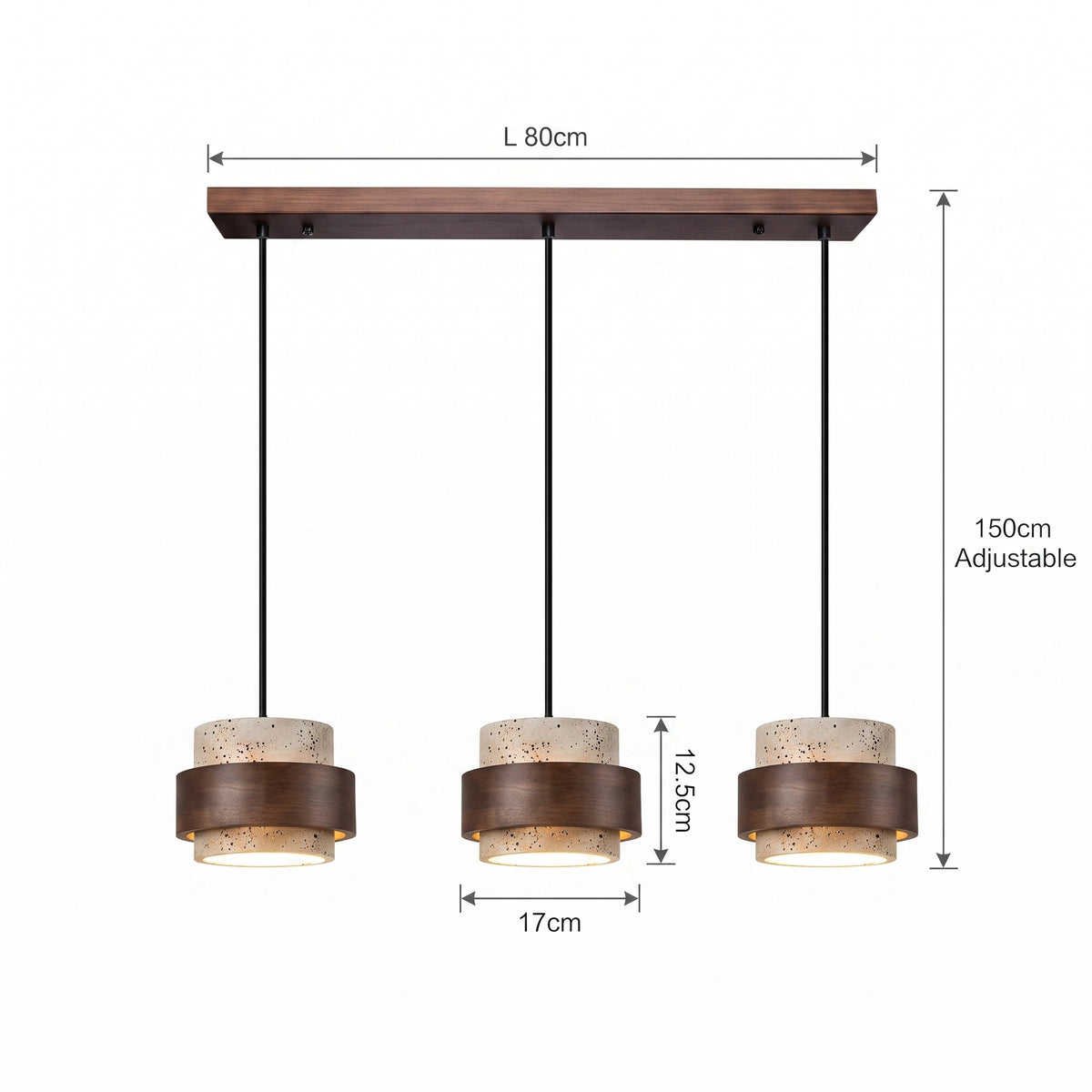 LED hengelampe Røros, naturlig, tre og stein, 3 lyskilder, lengde 80 cm