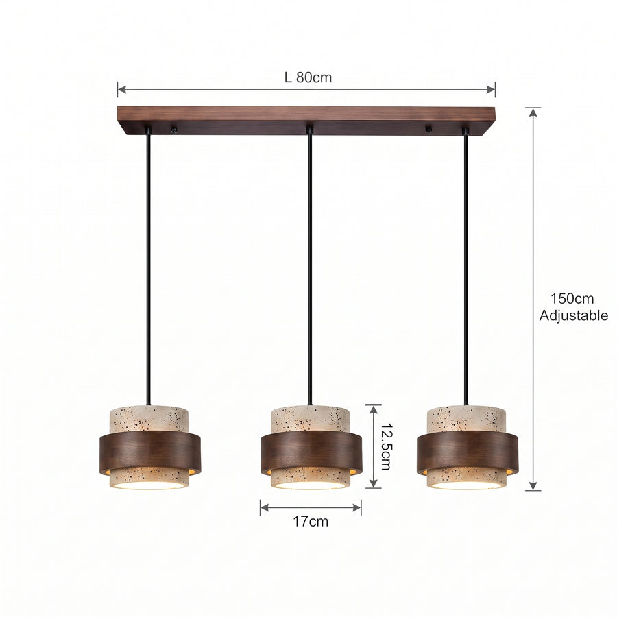 Dimensjoner LED hengelampe Røros, naturlig, tre og stein, 3 lyskilder, lengde 80 cm
