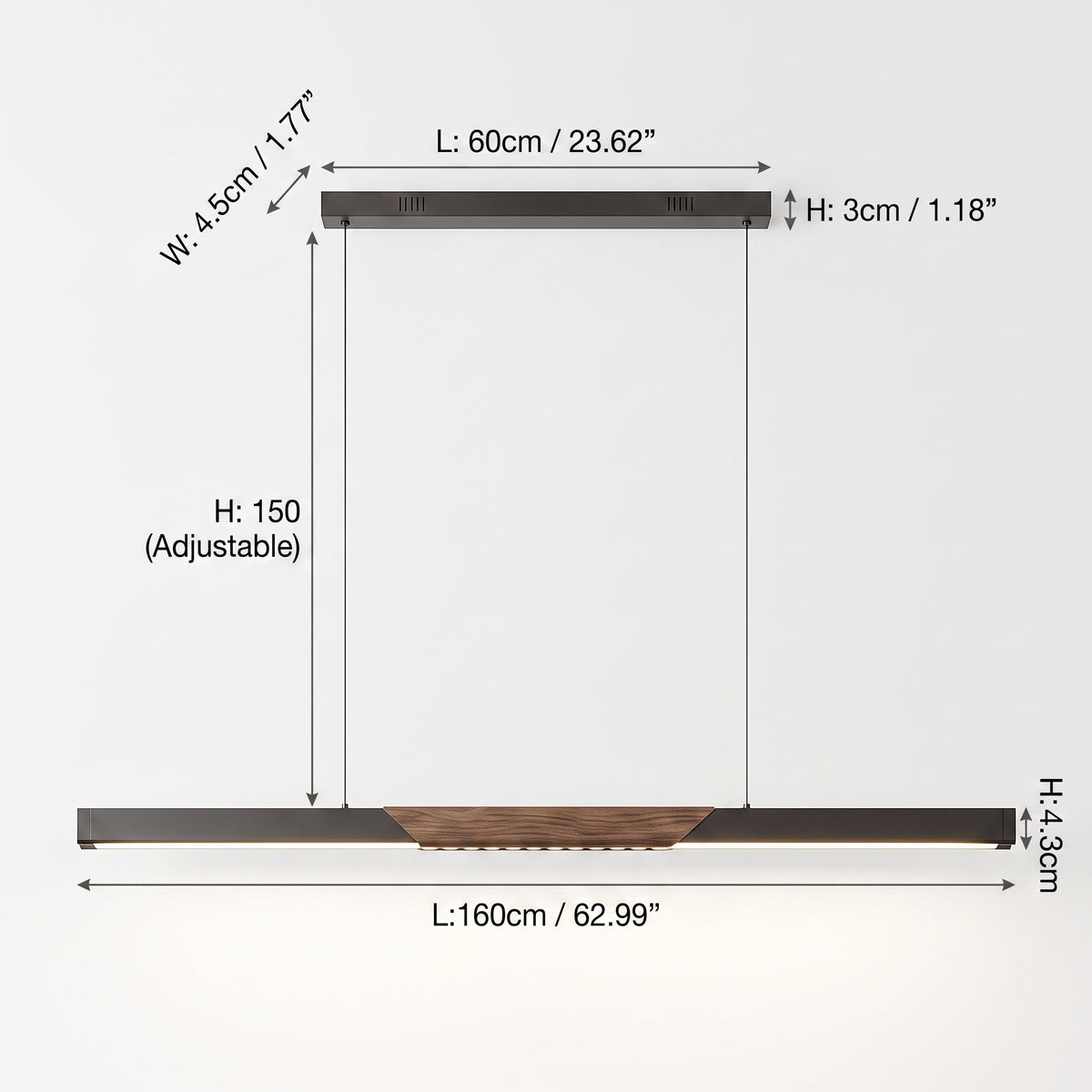 LED hengelampe Sognefjord, sort/valnøtt, metall, dimbar, lengde 160 cm