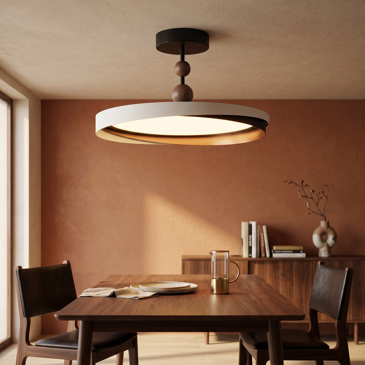 LED hengelampe Solnedgang, valnøttfarge, aluminium, dimbar, Ø 48 cm