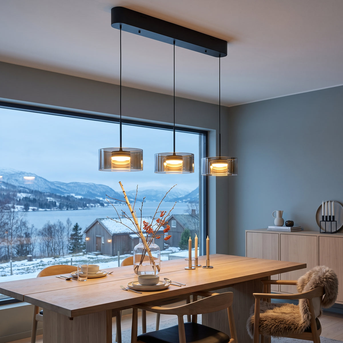 LED hengelampe Telemark, glass, dimbar, lengde 70/120 cm